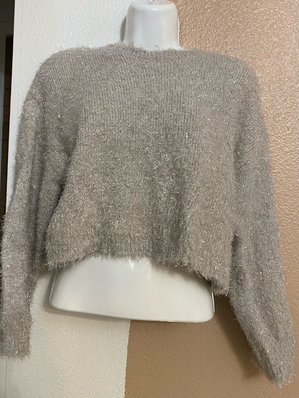 Grey Sparkle Fuzzy Knit Cropped Sweater